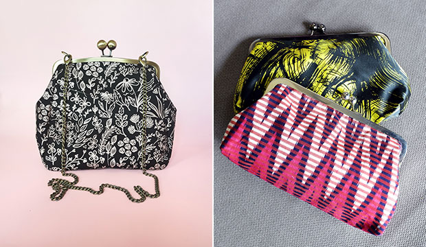 Azreen believes in testing out her bags, just like this Jalan-Jalan bag design which she brought the first prototype to a trip (left). Brighten up your look with these abstract art clutches (right).