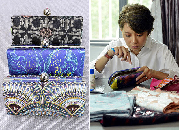 As the brand has matured, Azreen prefers these sophisticated, gilded fabrics for her bags (left). Azreen works in her home studio to make her handbags (right).