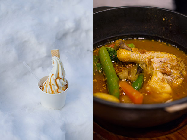 Milky Yamanaka soft-serve ice cream with swirls of caramel and a crunchy wafer (left). Sapporo is also famous for supu kare (soup curry), a broth-like version of Japanese curry with chunky vegetables and meat (right).