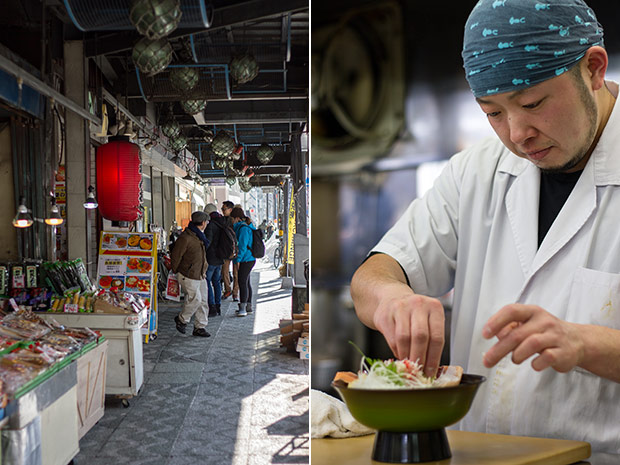 Fresh and dried seafood at the Nijo Ichiba fish market in Sapporo (left). Chef preparing a donburi (“rice bowl”) at Sushidokoro Keiran (right).