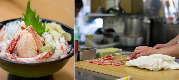 Tarabagani don or rice bowl with red king crab (left). Slicing sashimi (right).