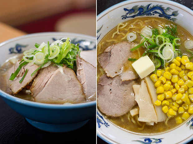 Asahikawa ramen with generous amounts of thick-cut chashu and green onions (left). Corn butter ramen seasoned with shio (salt) (right).