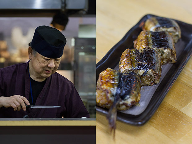 Owner of Uomasa, a sanma (mackerel pike) specialty restaurant in Kushiro (left). Sanmanma: charcoal-grilled mackerel pike, shisho leaf and steamed rice (right).