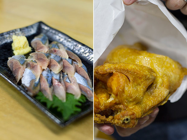 Sanma sashimi, with grated ginger (left). Crispy and juicy Hanshinage chicken (right).
