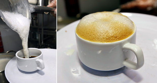 Once the milk is frothy, it is quickly poured on top of the coffee (left). Nothing beats a fragrant cup of coffee served with fresh cow’s milk after a meal here (right).