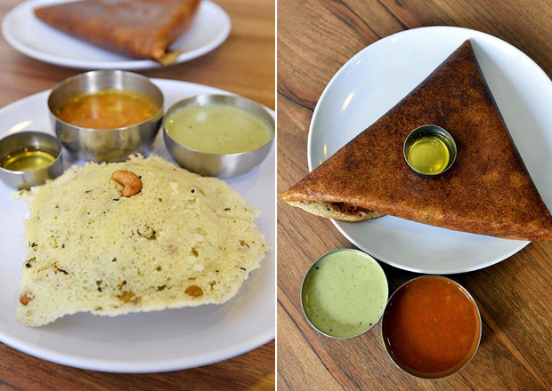 For a light, fluffy snack, try their rava idli, an item MTR created from roasted semolina during World War 2, when there was a shortage of rice (left). Order the crispy masala dosa stuffed with spiced potatoes, served with green chutney and lentil sambar (right).