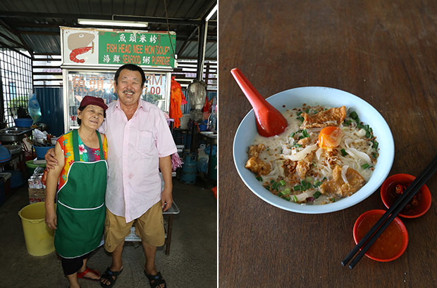 Started back in 1994, the stall is run by Yong Sau Kuen and her husband, Teh Kim Mun (left). One of the most popular orders is their basic bowl of noodles topped with fried fish pieces and served with an evaporated milk laced broth (right).