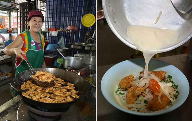 Yong Sau Kuen fries up her signature fish pieces for the noodles (left). You can add evaporated milk for your noodles as it adds a nicer fragrance (right).