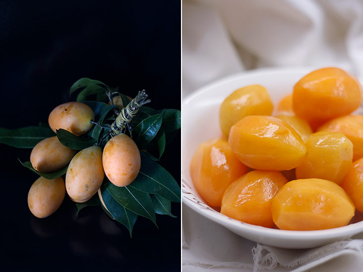 Apricot-hued marian plums (also known as buah kundang in Malay and mapraang in Thai) (left). Peeled to reveal its luscious flesh (right).