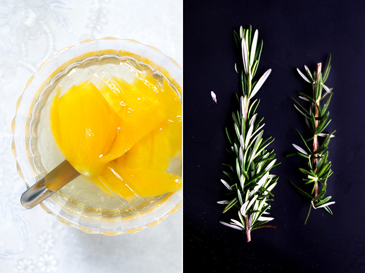 Cool down with some iced marian plums in light syrup (left). Rosemary add a subtle fragrance to the marian plums (right).