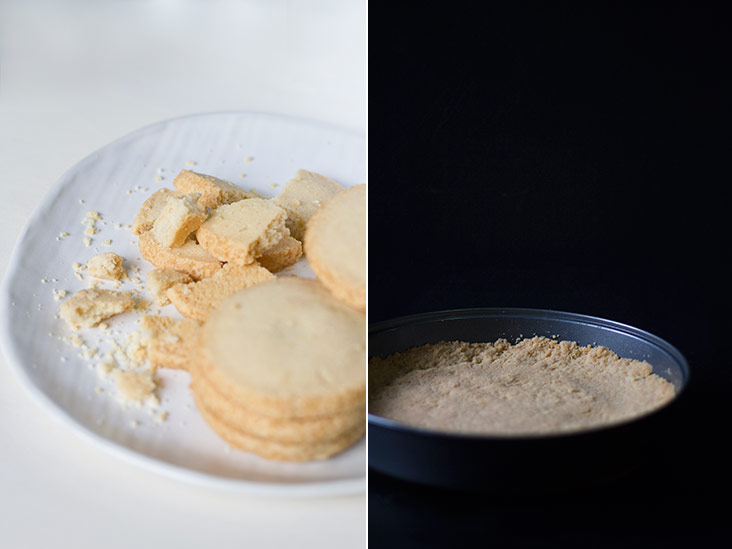 Crumble some shortbread biscuits for the tart base (left). No baking is required for this buttery tart (right).