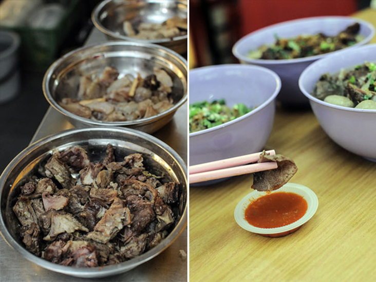 The meat and tendons are cooked for many hours until it is tender (left).  If you like spicy food, dip your tender beef slices with their fiery homemade chilli sauce (right)