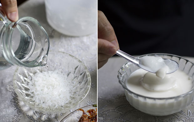 Pour cool jasmine-infused water into your dish of rice (left). Young coconut pudding (right)