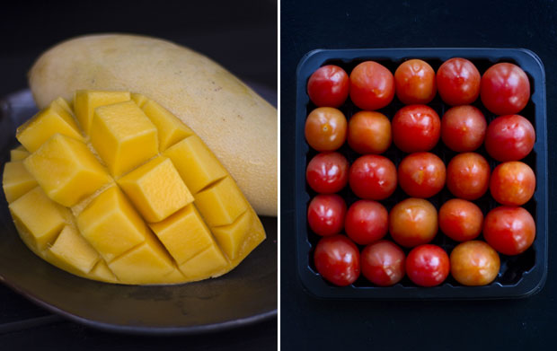 Ripe mango is a delight to behold... and savour! (left). Cherry tomatoes in pretty little rows (right)