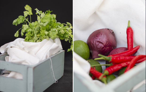 Fresh cilantro adds a distinctive fragrance to the salsa (left). Other salsa basics include red onions, chillies and limes (right)