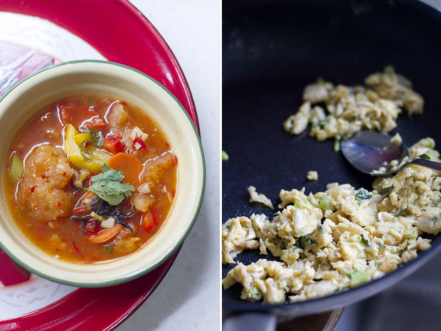 Sweet and spicy fish maw soup (suān là yúbiào) (left). Scrambling eggs with crab meat, with careful attention to the fire (right)