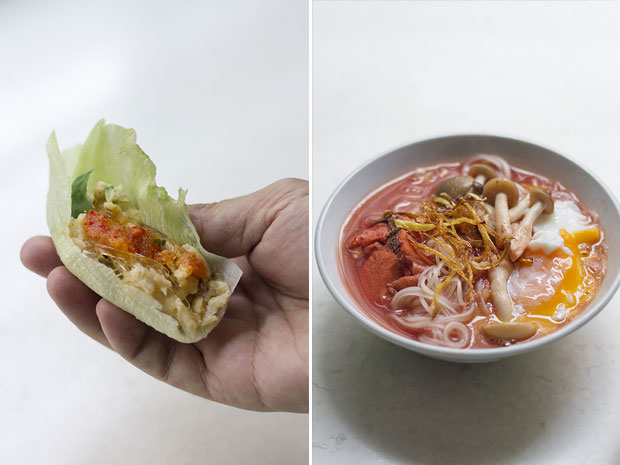 A lettuce wrap of Hock Chew style crab meat scrambled egg (left). Classic red wine chicken meesua topped with a tongsum dan (half boiled egg with runny yolk) (right)