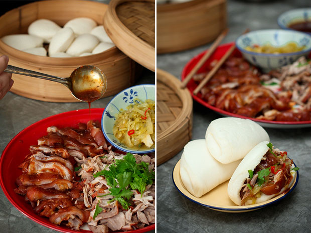 Hand-shredded red wine pork knuckle (shousi hongjiu lu zhushou), with sour plum pickles (left). Steamed lotus buns filled with the shredded red wine pork knuckle (right)
