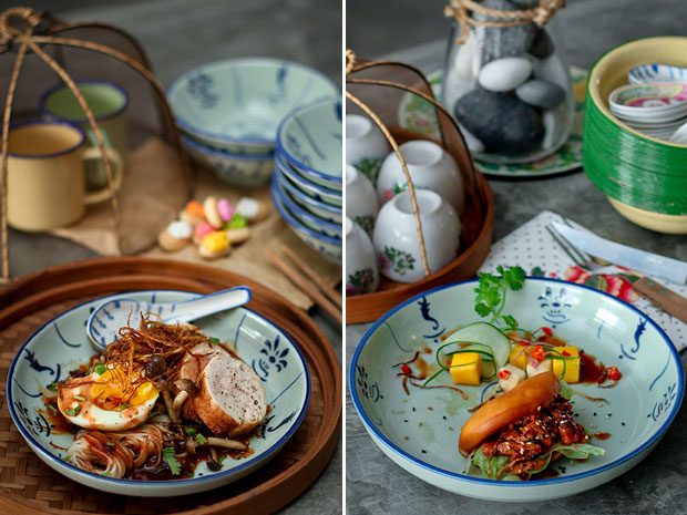 Hock Chew red wine meesua (Fuzhou ganshi hongjiu mianxian) with chicken roulade and English poached egg (left). “Golden pillow” with gingery red yeast pork (jin zhentou hongjiu jiang xiang rou si) (right)