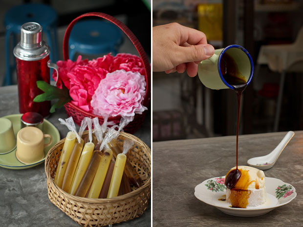 Old-school pineapple popsicles with asam boi and lime peel (huáng lí suān méi bīng tiáo) (left). Gula Melaka sago with vanilla ice cream and sweet rice wine (right)