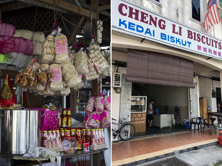 Various Hock Chew specialty products such as meesua noodles and Kampung Koh chilli sauce (left). Kedai Biskut Cheng Li is known for their freshly baked Hock Chew “biscuits” called gong bian (right)