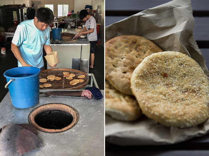 Removing the gong bian from the clay oven and packing them (left). Gong bian are unleavened flatbreads with a smoky aroma from the charcoal fire used (right)