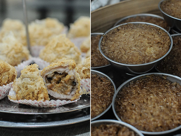 The stall also serves light, crunchy yam puffs filled with chicken (left). The lor mai kai served here has an old school taste with the use of lard coating the glutinous rice grains (right).
