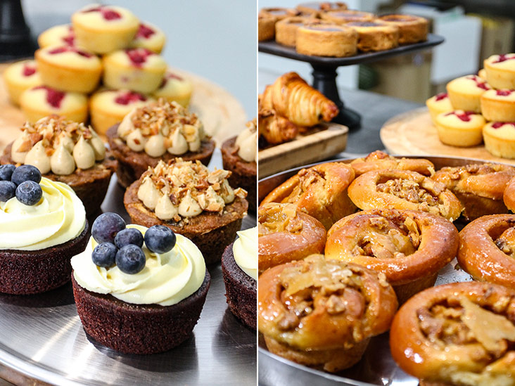 It’s hard to chose between their apple cinnamon cake with coffee cream and almonds or the red velvet cake topped with blueberries (left). Munch on these walnut scrolls (right).