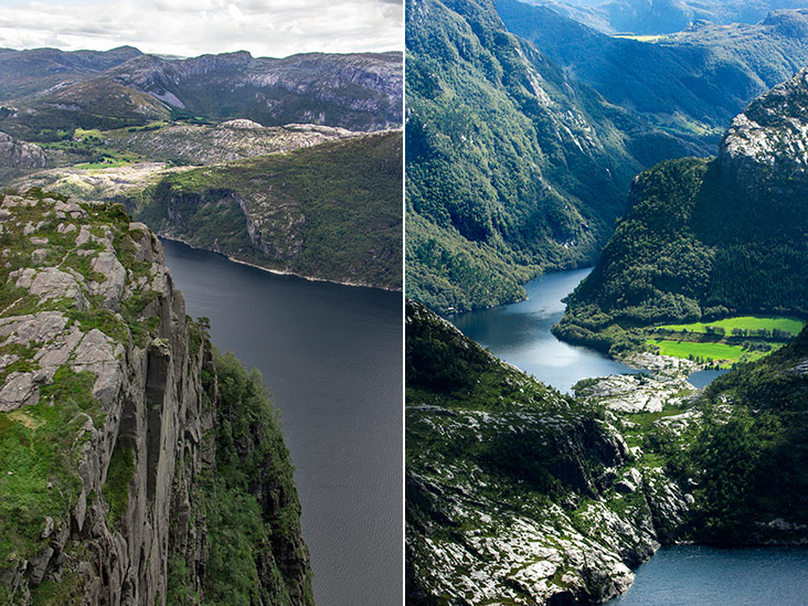 Very steep cliffs — don’t look down! (left). The winding waters of Lysefjord (right).