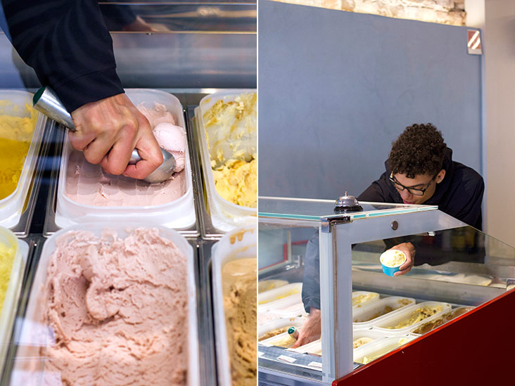 Hallaisen’s ice cream are made with the freshest and best quality ingredients (left). Fresh scoops to order (right).