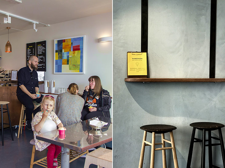 Enjoying Hallaisen’s creamy scoops (left). The simple décor to better highlight Hallaisen’s delicious treats (right).