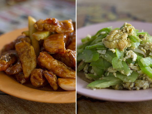 Sweet and sour fish fillets (suān tián yú piàn) that tastes of grandmother’s cooking (left). Bitter gourd scrambled eggs (kuguā chao dàn) (right)