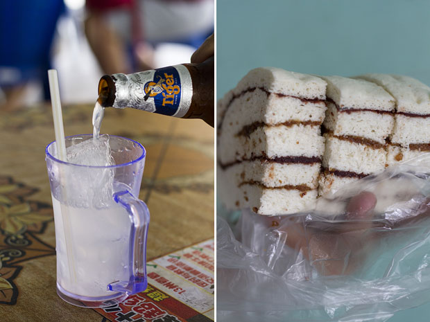 Enjoy some barley water (yìmi shui) poured from a recycled beer bottle (left). Momo buns with alternating layers of peanut and red bean filling (right)