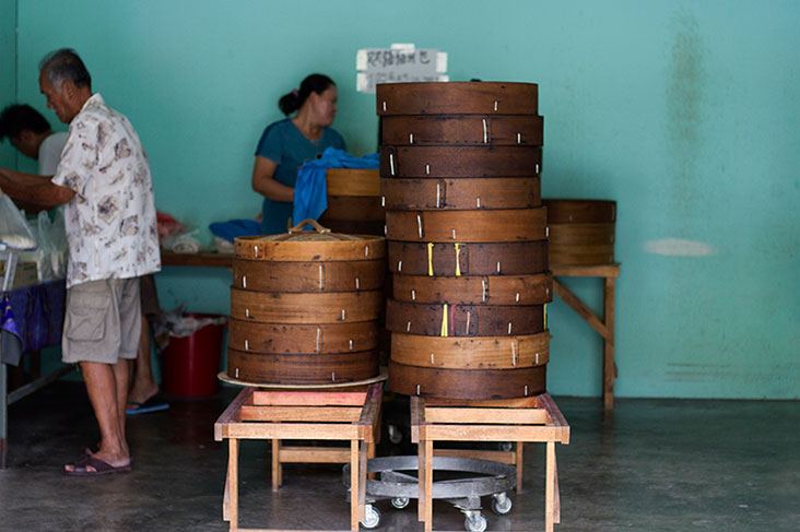 Bamboo steamers used for steaming the buns