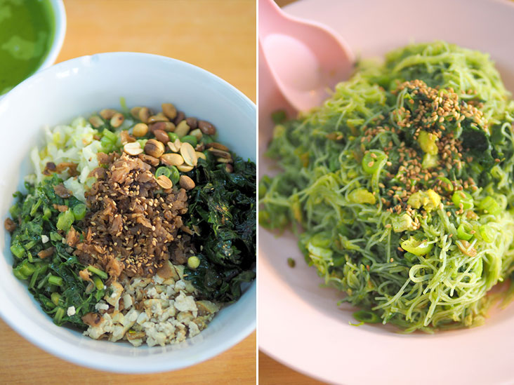 The traditional Hakka lui cha is served with a variety of chopped greens, firm beancurd, toasted peanuts and preserved radish (left). You can opt for your choice of noodles, like this fine beehoon fried with lui cha paste and vegetables (right)