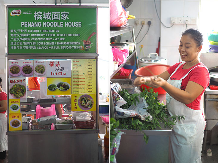 Find the stall at the end of the restaurant (left). Wong employs two workers to help him pluck and cut the fresh vegetables (right)