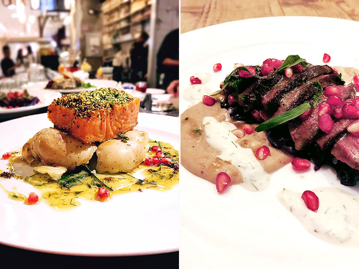 Ovnsbakt Norsk gravlaks: Oven-baked lemon mustard gravlax, Japanese cucumbers, boiled potatoes and herb lemon butter sauce (left). Vilt med stekt kastanjepuré: Venison takes centrestage with roasted chestnut purée, red cabbage, pomegranate and herb sour cream (right)