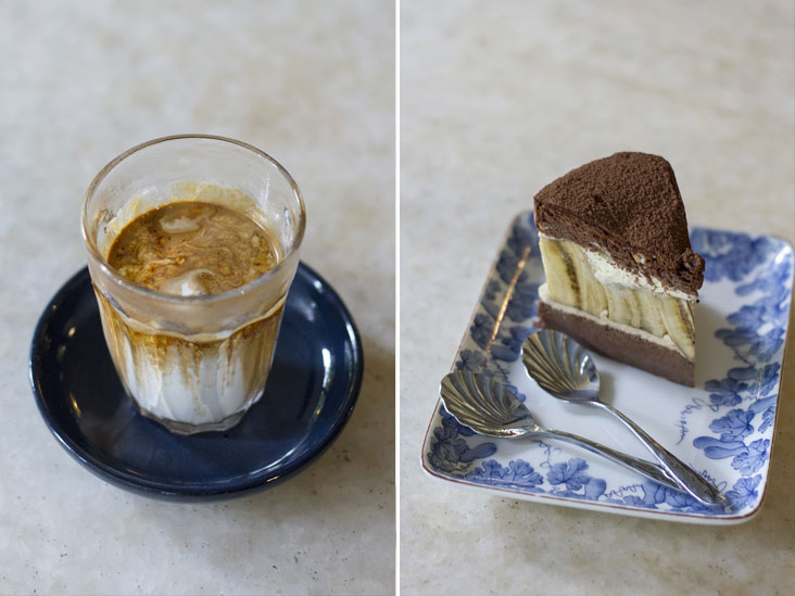 The nutty and balanced Gravity Latte (left). Would you like some banoffee cake? (right)