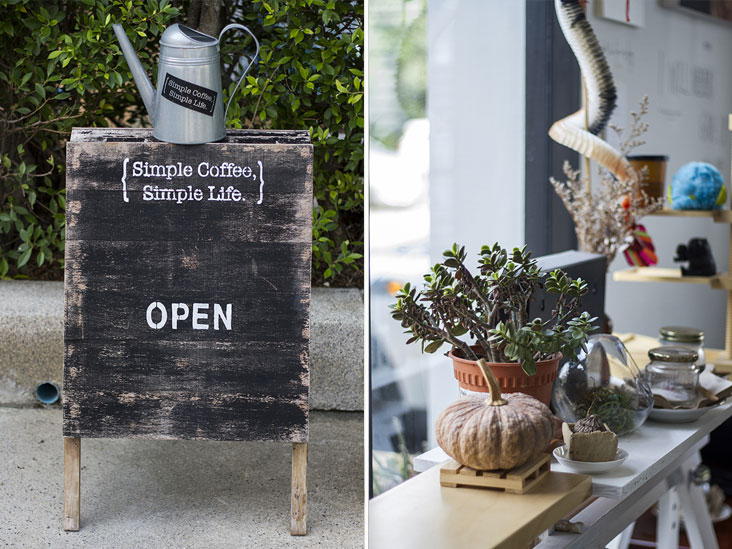 A whimsical welcome to Simple Coffee, Simple Life (left). Suffused with natural sunlight (right)