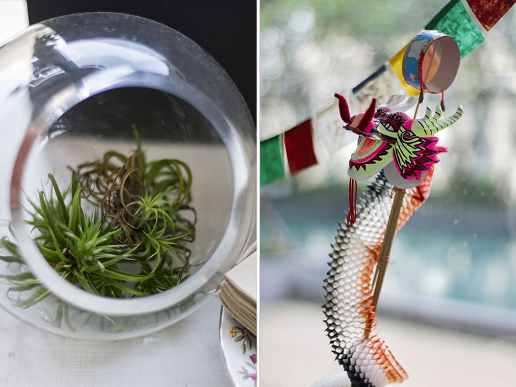 A terrarium adds a touch of green (left). Celebrate the good life — and great coffee — with this festive paper dragon! (right)