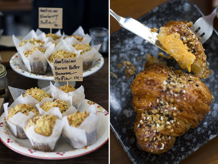 Brown butter banana muffins courtesy of Thai baker Tid Jirasinkitti of Amatissimo Caffé (left). This salted egg yolk croissant is truly out of this world (right)