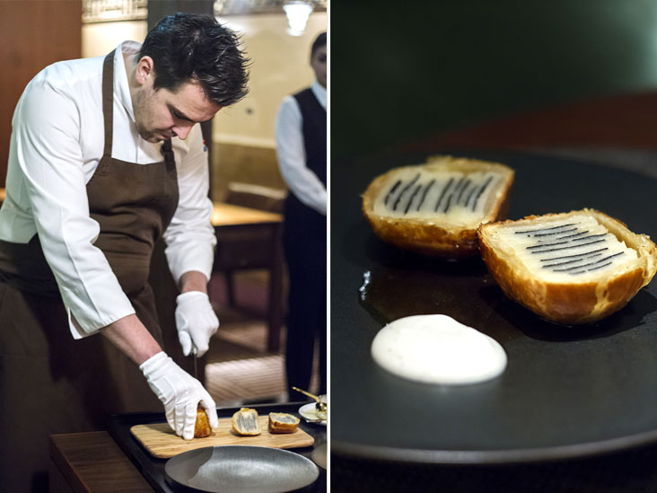 Chef Bracaval slices his signature potato pie (left). Slices of potato layered with black truffle, wrapped in delicate pastry (right)