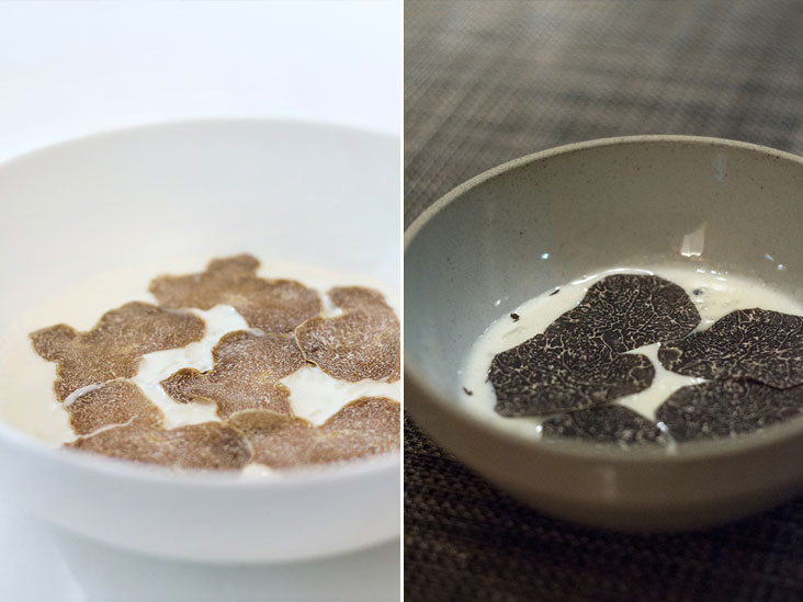 “Risotto” pudding with deeply aromatic white truffles (left). Black truffles give the same “risotto” pudding a milder fragrance (right)