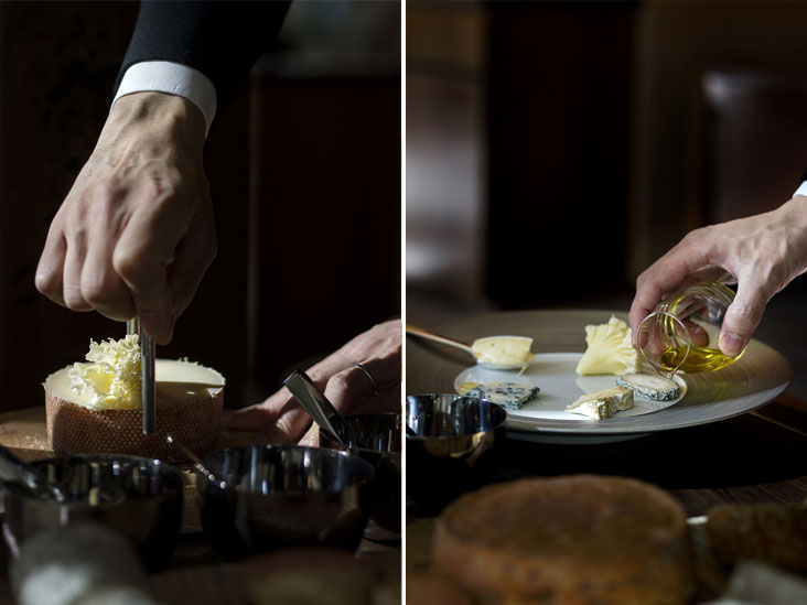 Turning a girolle creates rosettes of Tête de Moine cheese (left). A plate of various fine cheeses (right)