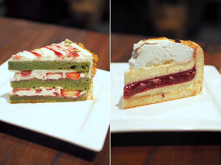 A crowd favourite is this strawberry matcha cake with its layers of Japanese matcha cake and fresh strawberries (left). Light and fluffy Kirsch raspberry meringue is a must-eat here (right).