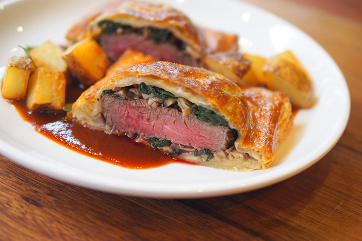 A rarity in menus, the beef Wellington is a classic dish done well here with a 100 grams Wagyu rump steak, spinach and truffle mushroom paste in a puff pastry case.