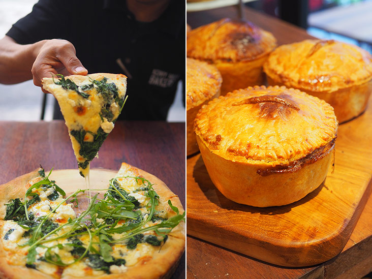 Try out this soon to be introduced goat’s cheese and spinach pizza for dinner (left). Available the whole day, these pies are available in different fillings like chicken and portobello mushrooms or beef cheek and portobello mushrooms (right).