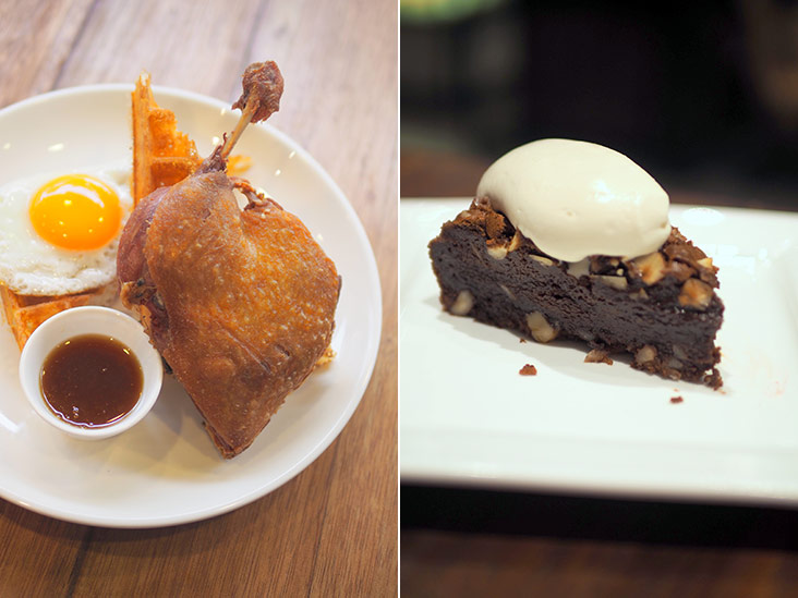 For dinner, enjoy their duck confit & waffle served with a fried egg and spiced orange sauce (left). Dig into the divine chocolate hazelnut cake topped with a decadent Baileys cream (right).