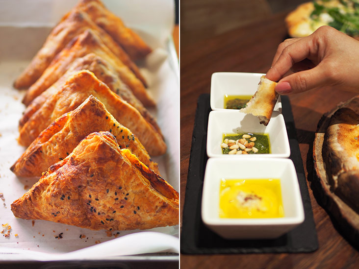 Choose from an assortment of pastries, made in small batches (left). You can order an assortment of dips like hummus, pesto and anchovies to enjoy the crackling pizza crust or cornicione (right).