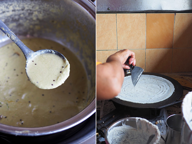 Their coconut chutney is thick with a light coconut flavour (left). Your thosai is cooked upon order (right).
